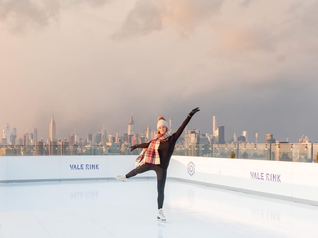 Westlight at The William Vale. You can go ice skating on a rooftop overlooking the Manhattan skyline.